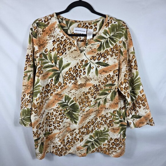 Alfred Dunner Top Tee Blue Women's Size Large Brown & Green Animal/Jungle Print - Picture 1 of 11